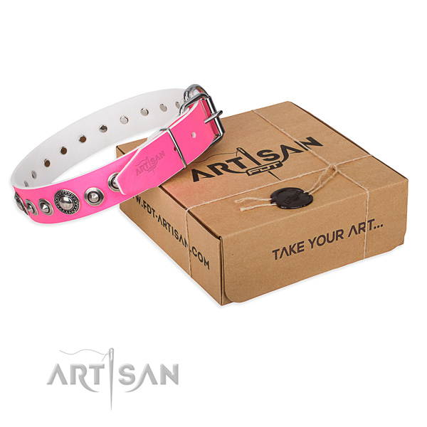 Leather dog collar made of soft material with rust resistant fittings
