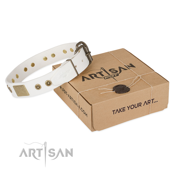 Corrosion proof hardware on genuine leather dog collar for easy wearing