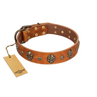 "Rockstar" FDT Artisan Tan Leather Swiss Mountain Dog Collar with Engraved Studs and Medallions