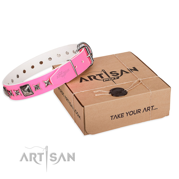 Fancy walking genuine leather dog collar with embellishments