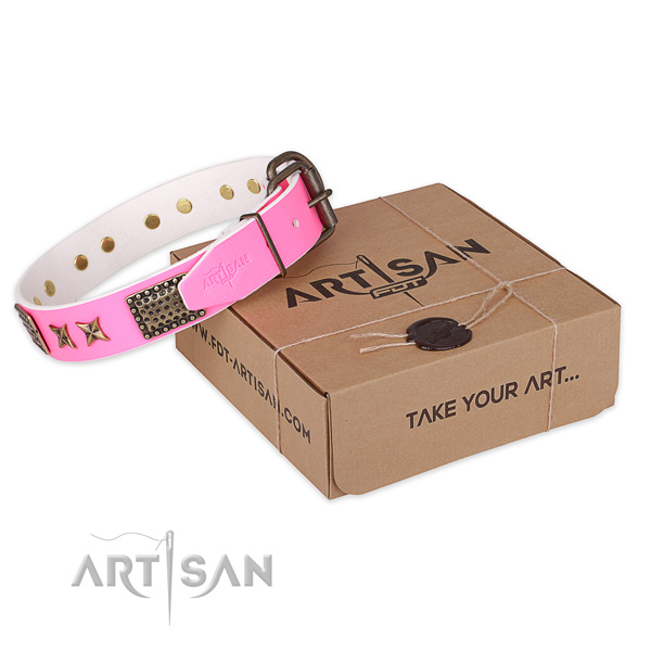 Strong D-ring on leather collar for your attractive dog