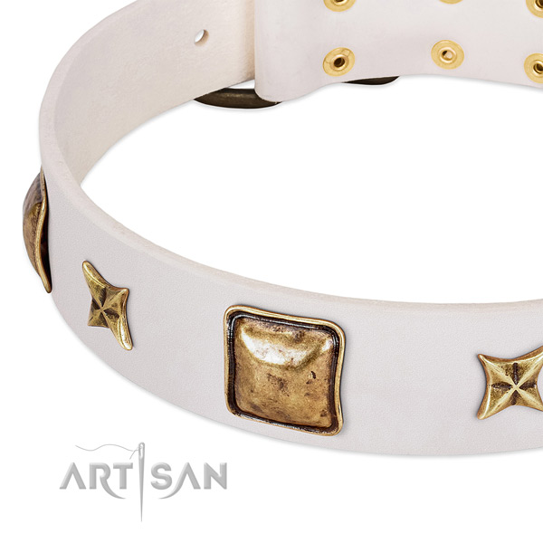 Strong buckle on natural genuine leather dog collar for your doggie