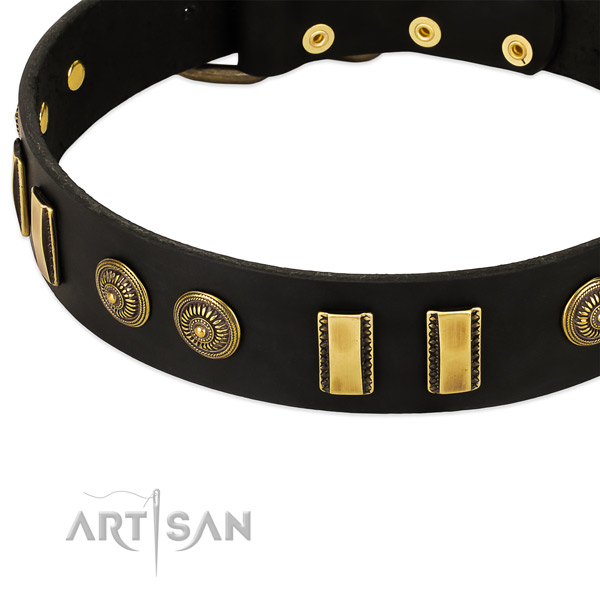 Rust resistant decorations on natural leather dog collar for your doggie