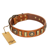 "Happy Hound" FDT Artisan Tan Leather Swiss Mountain Dog Collar with Elegant Decorations