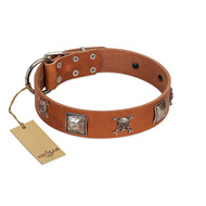 "Amorous Escapade" Embellished FDT Artisan Tan Leather Swiss Mountain Dog Collar with Chrome Plated Crossbones and Plates