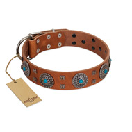 "Blue Sands" FDT Artisan Tan Leather Swiss Mountain Dog Collar with Silver-like Studs and Round Conchos with Stones