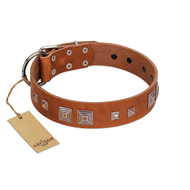 "Egyptian Gifts" Handmade FDT Artisan Tan Leather Swiss Mountain Dog Collar with Chrome-plated Pyramids