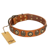 "Golden Epoch" FDT Artisan Tan Leather Swiss Mountain Dog Collar with Old Bronze-plated Medallions and Conchos