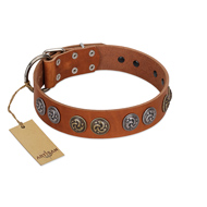 "Luxurious Life" Premium Quality FDT Artisan Tan Leather Swiss Mountain Dog Collar with Round Adornments